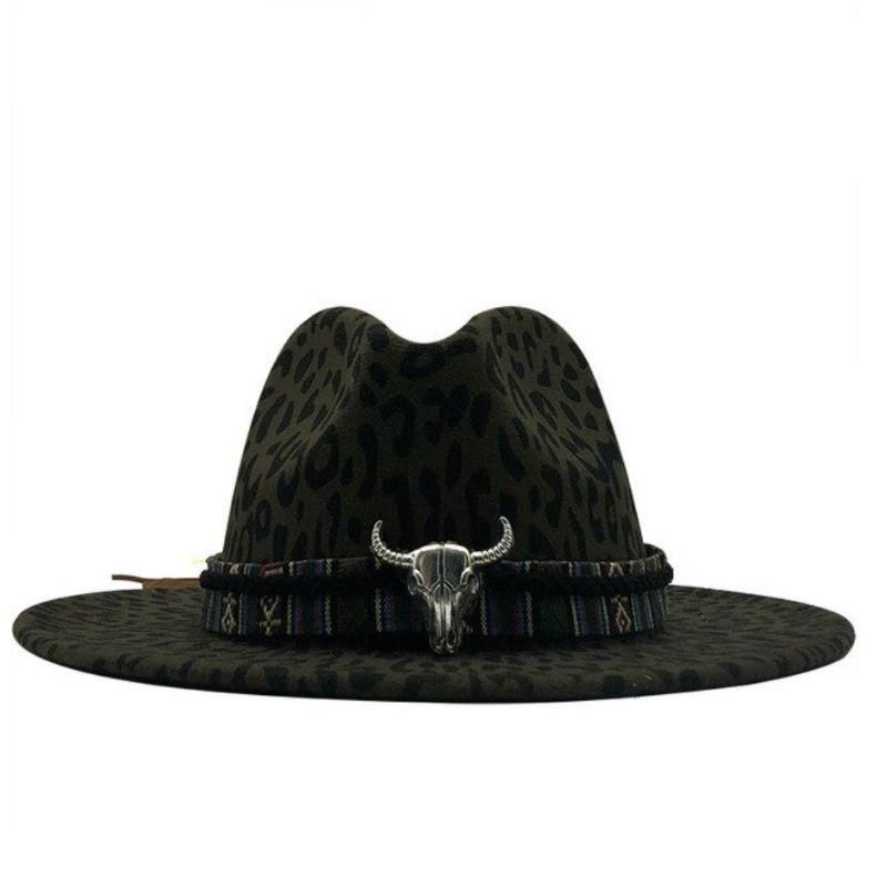 Unisex Panamahut mit breiter Krempe und Boho Band um den Hut herum - Kopfbedeckung im Leopard Style mit Stierkopf Symbol 