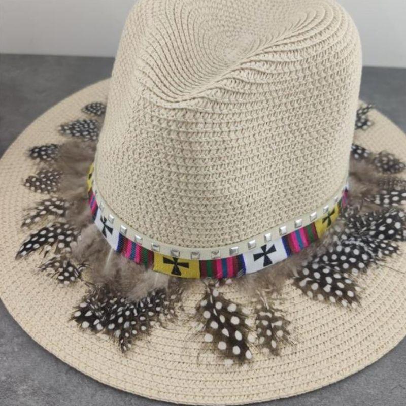 Federn Strohhut Panamahut mit breiter Krempe - Damen Boho Hippie Style Hut mit gepunkteten Federn und Band mit Kreuz
