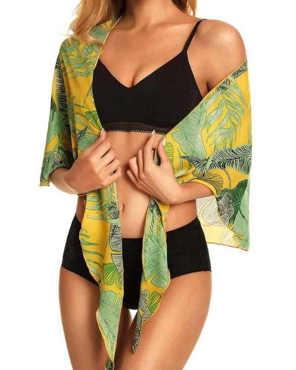 Tropical Beach Cover-Up Pareo Tuch in gelb gruen mit Blatt Muster 