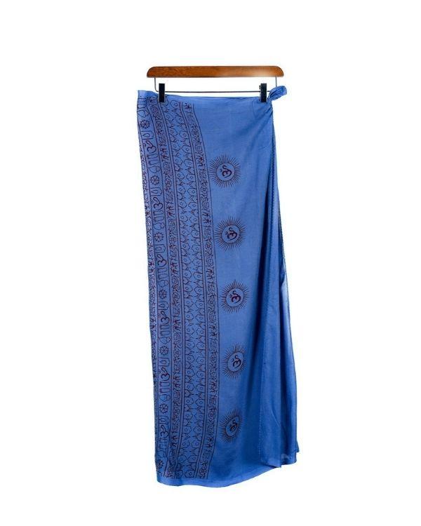 Blauer Pareo Sarong Tuch mit indischen Zeichen Symbolen wie Om Zeichen und Ganesha Elefant - Strandbekleidung Hippie Style Strandtuch
