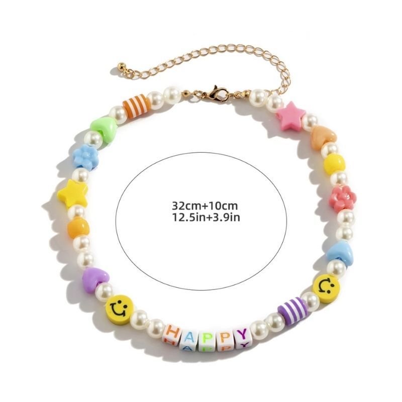 Farbige Perlenkette Choker Halskette aus Smileys, Herze, Sternen und Buchstaben Happy 