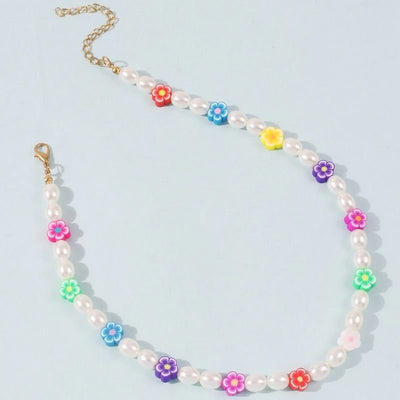 Choker Halskette Modeschmuck farbige Blumen und weisse Perlen