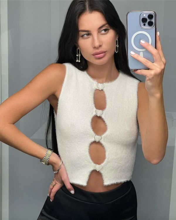 Weisses Pluesch Fluffy Cut-Outs Crop Top mit Herz Symbolen