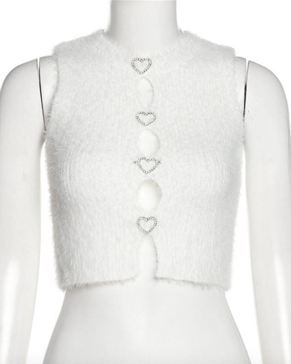 Weisses Fluffy Pluesch Crop Top mit Cut-Outs und Herz Symbolen