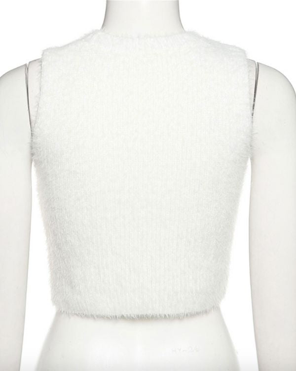 Weisses Fluffy Pluesch Crop Top Damen mit Cut-Outs und Herz Symbolen