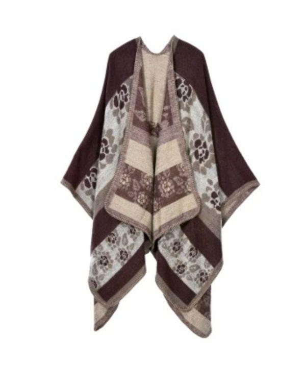 Brauner Poncho Cape mit Blumen Muster - Perfektes Herbst Outfit 