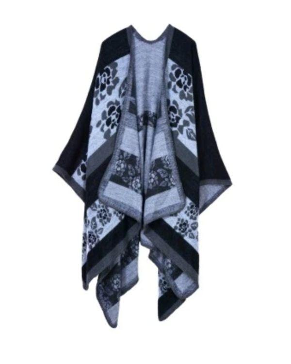 Poncho Cape Emily - Asymmetrischer Damen Poncho in grau schwarz mit Blumen Rosen Symbolen