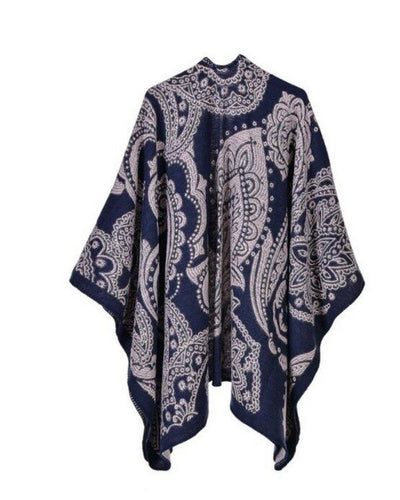 Blauer Poncho Cape mit Paisley Mustern