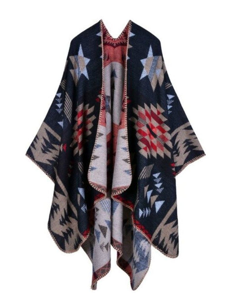 Boho Ethno Poncho Cape mit geometrischen Mustern - Unisex Herren und Damen Cape