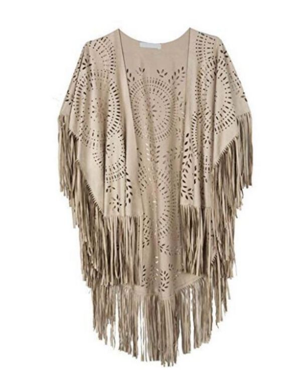 Boho Kimono Cardigan im Wildleder Look mit Fransen und Ethno Sonnen Muster