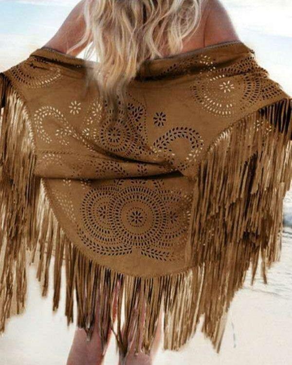 Fransen Boho Poncho Cardigan Cover Up Ethno Muster braun