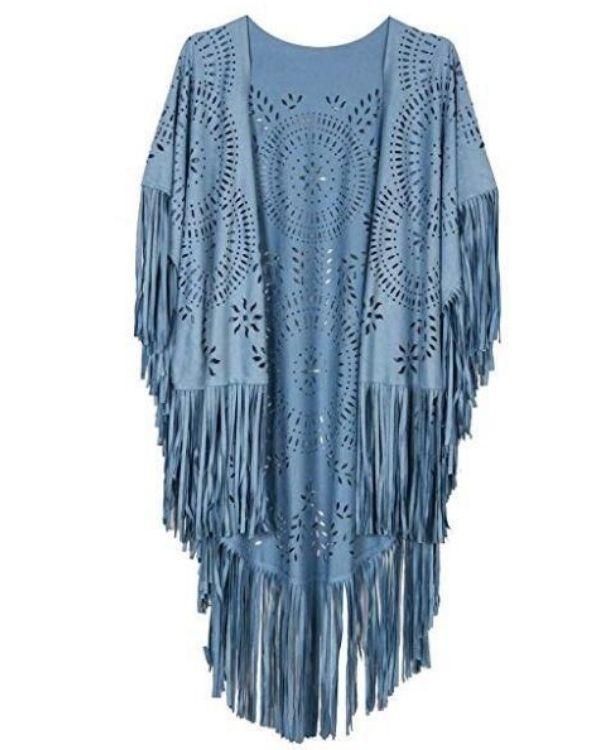 Blauer Boho Poncho mit Fransen und Ethno Cut Outs Mustern