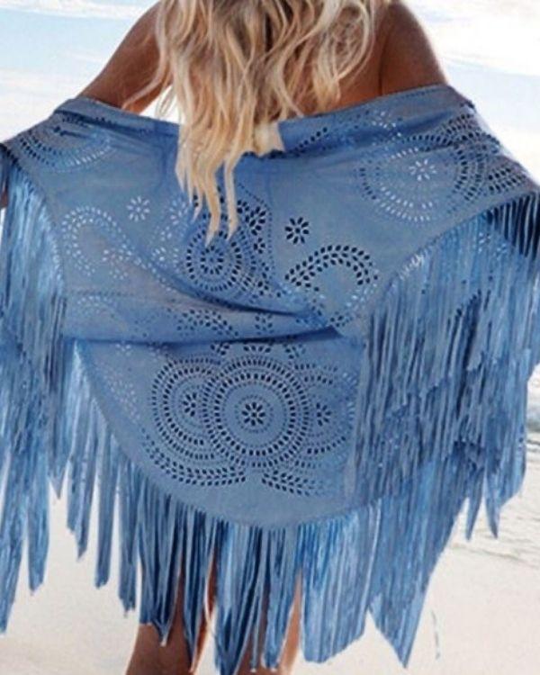 blauer Poncho Cardigan Cover Up mit Fransen und Bohemian Ethno Mustern