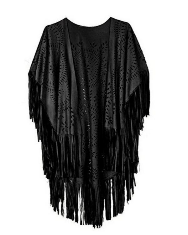 Schwarzer Boho Fransen Poncho im Hippie Ibiza Style 