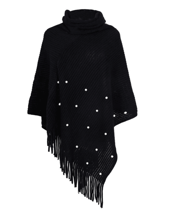 Schwarzer Damen Poncho mit Rollkragen und Perlen 