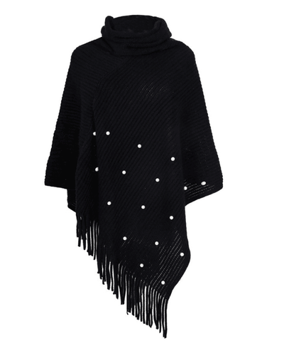 Schwarzer Damen Poncho mit Rollkragen und Perlen 