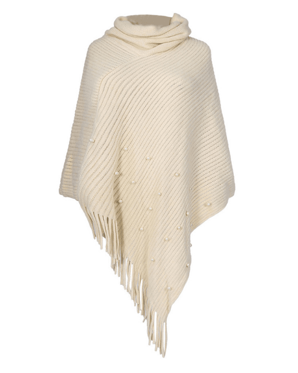 Weiss Creme Poncho aus weicher Baumwolle mit Rollkragen und Perlen