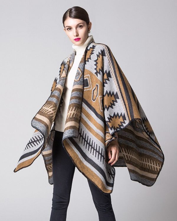 Braun grauer Damen Poncho Cape mit geometrischen Ethno Mustern - Boho Schal Cape 