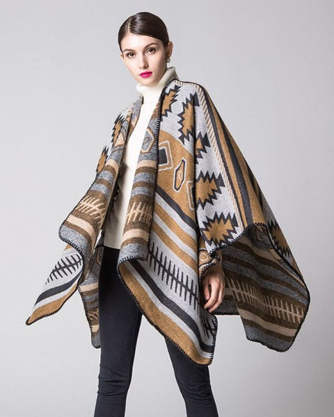 Braun grauer Damen Poncho Cape mit geometrischen Ethno Mustern - Boho Schal Cape 