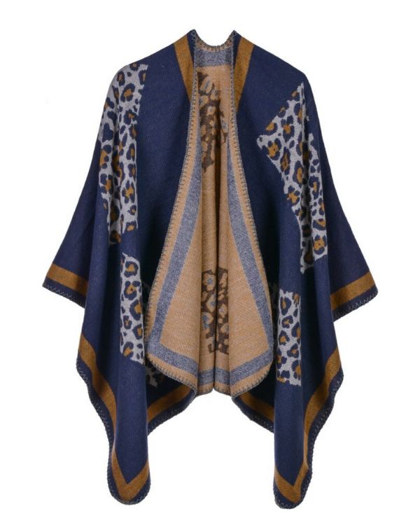 Eleganter Damen Boho Poncho mit Leopard Mustern und braunen Streifen 