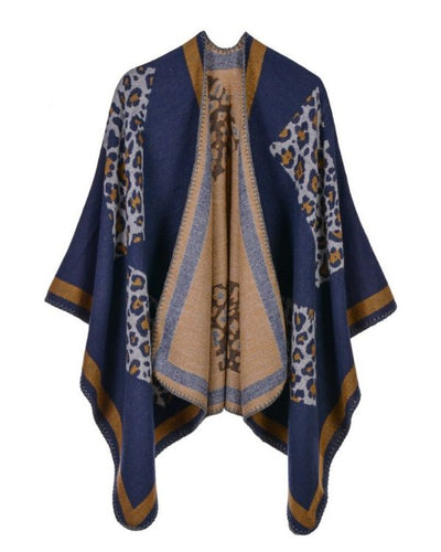 Eleganter Damen Boho Poncho mit Leopard Mustern und braunen Streifen 
