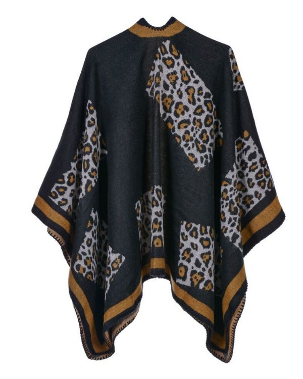 Blau brauner Boho Leopard Cape - Damen Schal Cape Poncho im Leo Look
