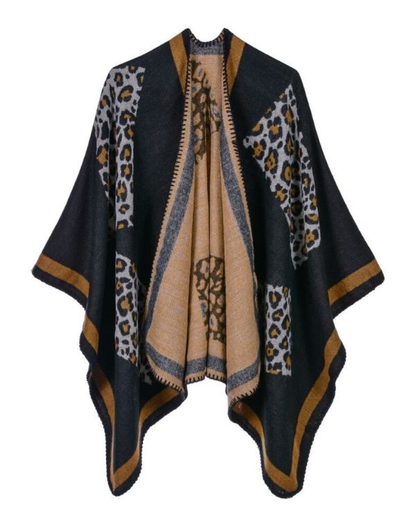 Kuscheliger Damen Poncho Cape mit Leopard Mustern - asymmetrischer Herbst Schal 