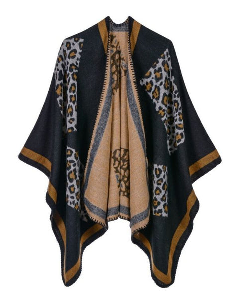 Kuscheliger Damen Poncho Cape mit Leopard Mustern - asymmetrischer Herbst Schal 