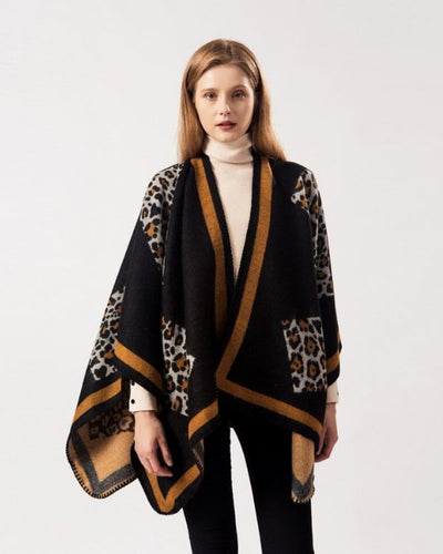 Schwarzer Leopard Muster Cape mit braunen Streifen - Boho Fashion Cape online bestellen
