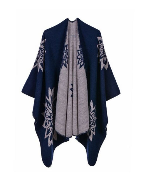 dunkelblauer Poncho Cape mit Blumen Mustern - Boho Schal Cape in Dunkelblau beige gemischt 