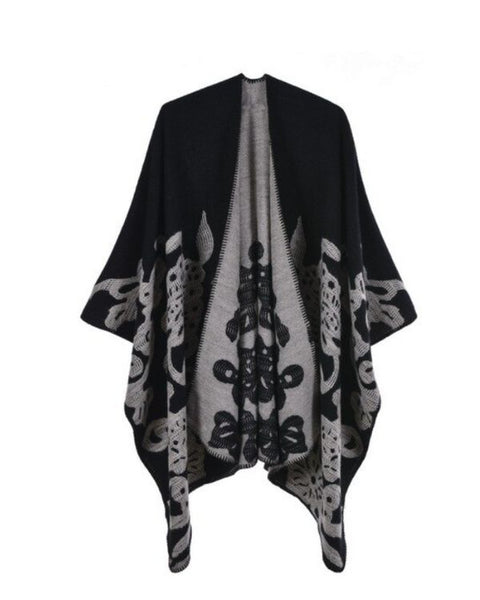 Poncho Cape in asymmetrischen Schnitt mit stillvollen Blumen Schmetterlings Mustern - Schwarz grauer Boho Cape