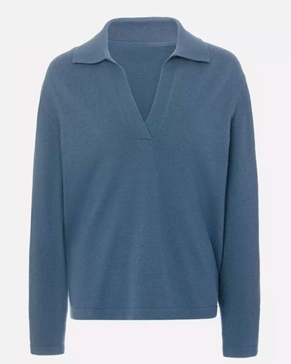 Blauer Knitted Loungewear Pullover mit V-Ausschnitt und Kragen