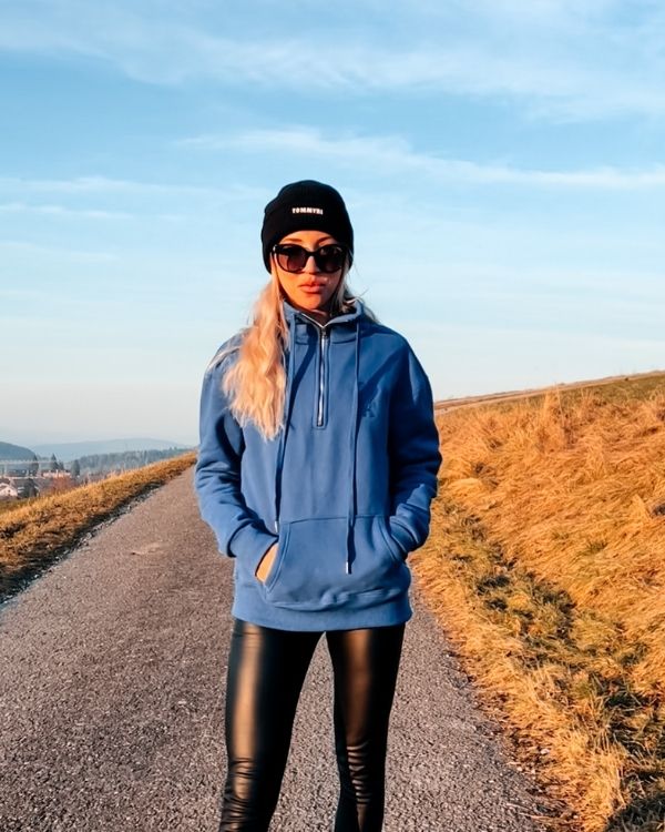 Blauer Unisex Pullover Hoodie mit hohem Kragen und Reissverschluss