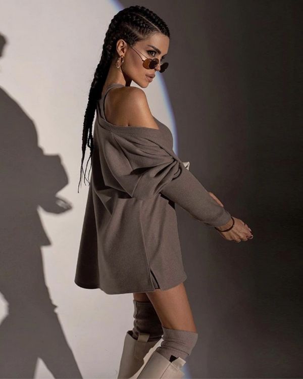 Oversized brauner Feinstrick Baumwolle Pullover mit V-Ausschnitt und Crop Top