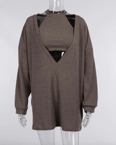 Oversized Sweater Pullover mit V-Ausschnitt und Crop Top dazu