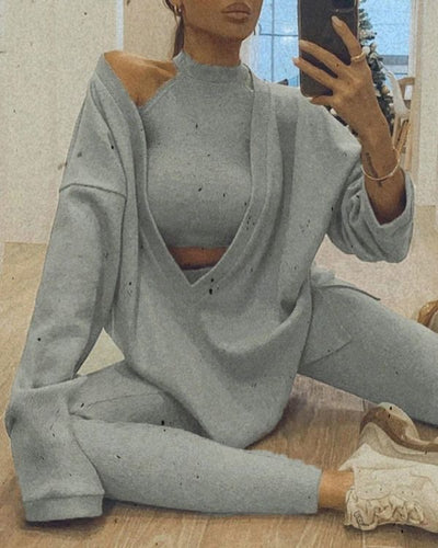 Grauer Feinstrick Pullover Kleid - Gross geschnittener Pullover Sweater mit Crop Top