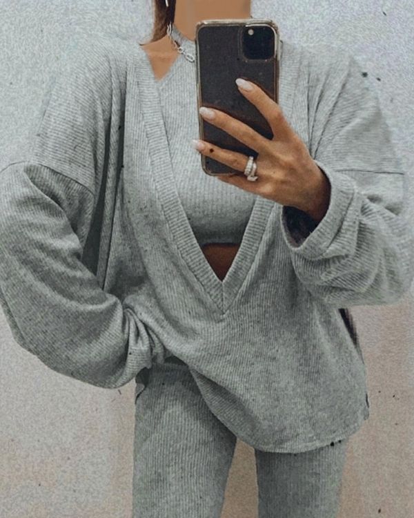 Grauer Oversize Pullover mit Crop Top - Loungewear Damen Feinstrick Pullover Kleid