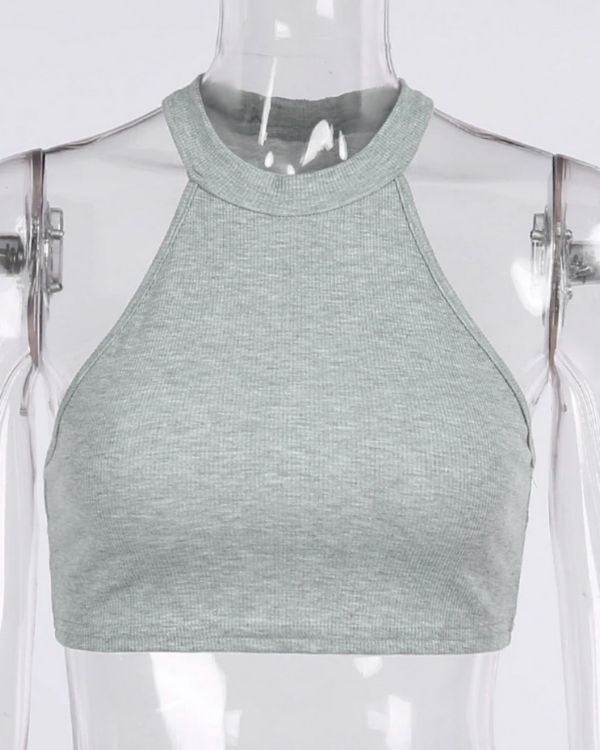 Graues Feinstrick Crop Top mit Neckholder 