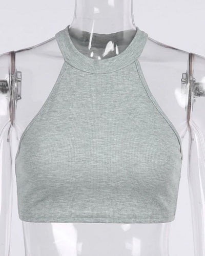 Graues Feinstrick Crop Top mit Neckholder 