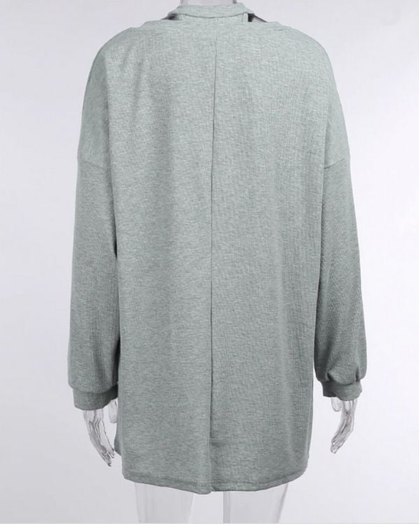Grauer Feinstrick Pullover Oversized - Grosse geschnittener V-Ausschnitt Pullover Kleid