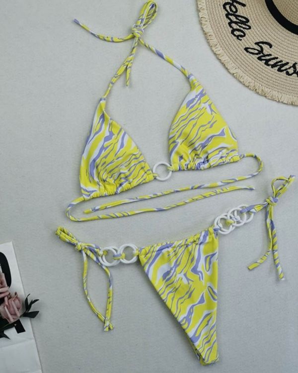 Sexy knapper String Tangs Bikini mit Triangel Oberteil in gelb grau gemischtem Farbverlauf 