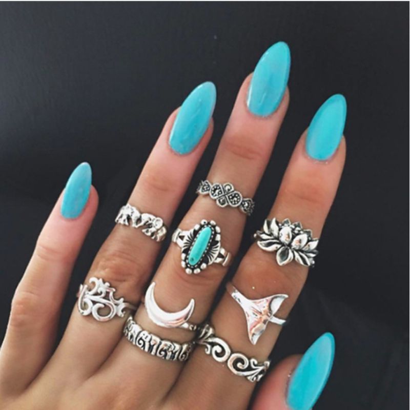 Silbernes Fingerring Boho Set aus 9 diversen Ringen Knuckle Ringen mit Lotus, Walfisch und Mondsymbolen 