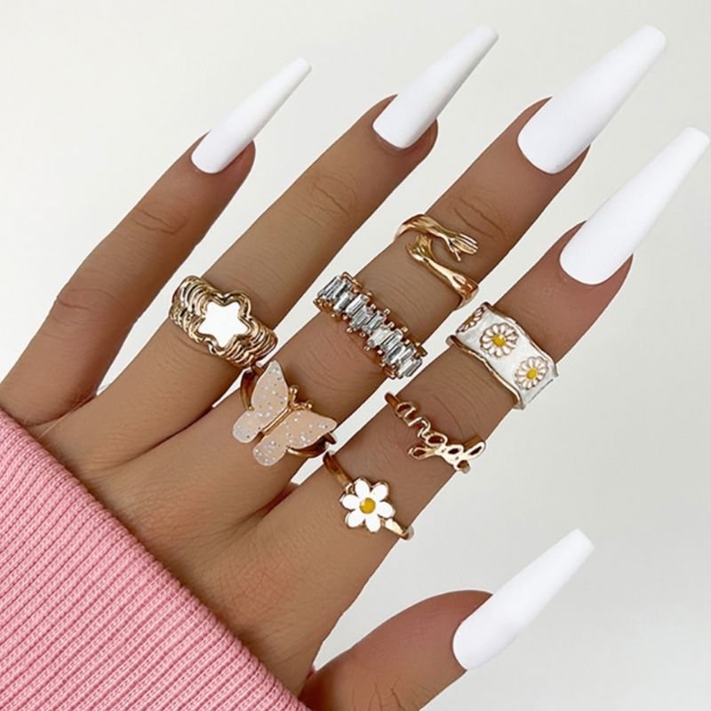 Goldene Modeschmuck Boho Fingerringe Ring Set mit Schmetterling Blumen Umarmung und Angel Schrift 