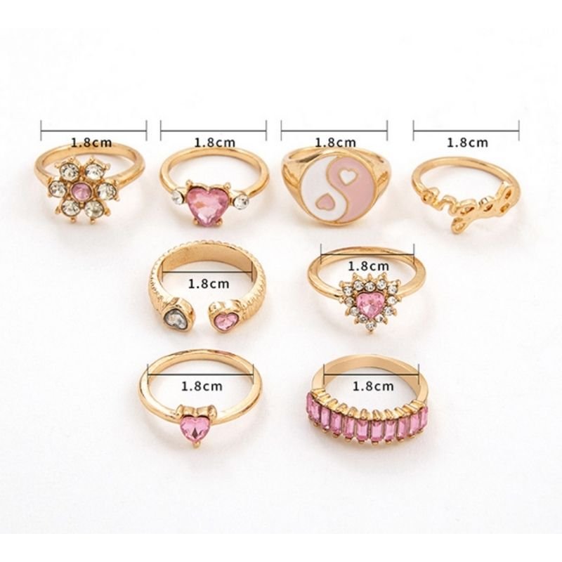 Goldene Modeschmuck Fingerring Set Damen-  Goldene Rosa Pinke Ringe mit Herze, Yin Yang und Blumen aus Kristallsteinen 
