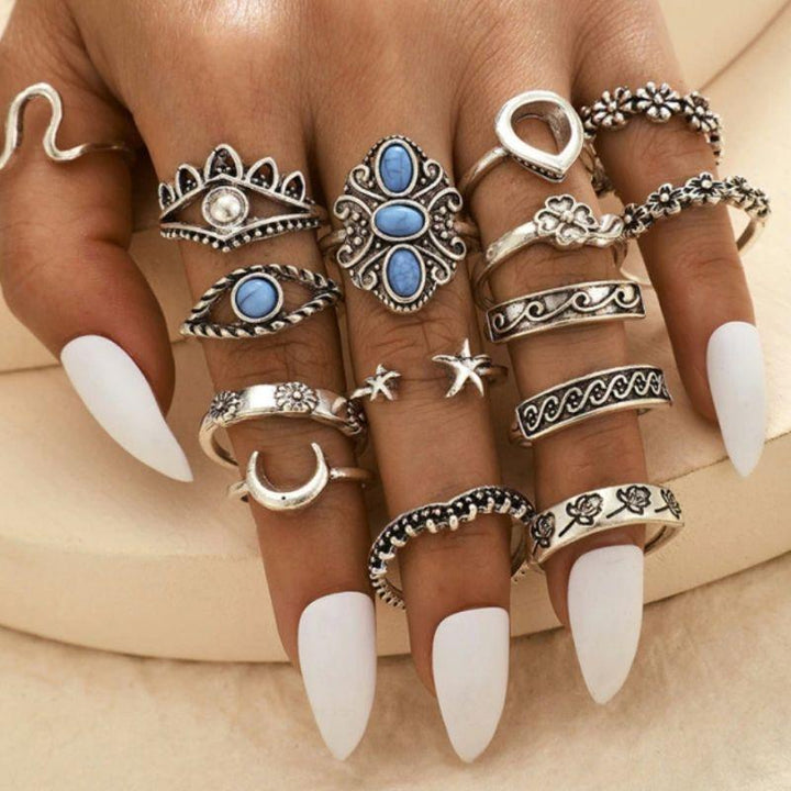 Boho Fingerringe Ring Set aus 15 diversen Modeschmuck Ringen mit Mond, Stern, Wellen Symbol und mehr - Onlineshop Schweiz