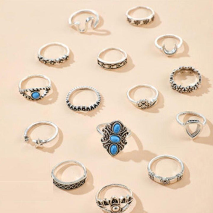 Modeschmuck Ringset Knuckle Ring Fingerringe silber mit blauen Steinen und weiteren Symbolen jetzt online kaufen