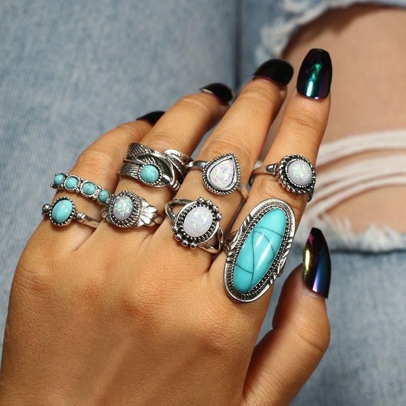 Ring Set Boho Hippie Style Modeschmuck Mond Stein Modeschmuck Fingerringe