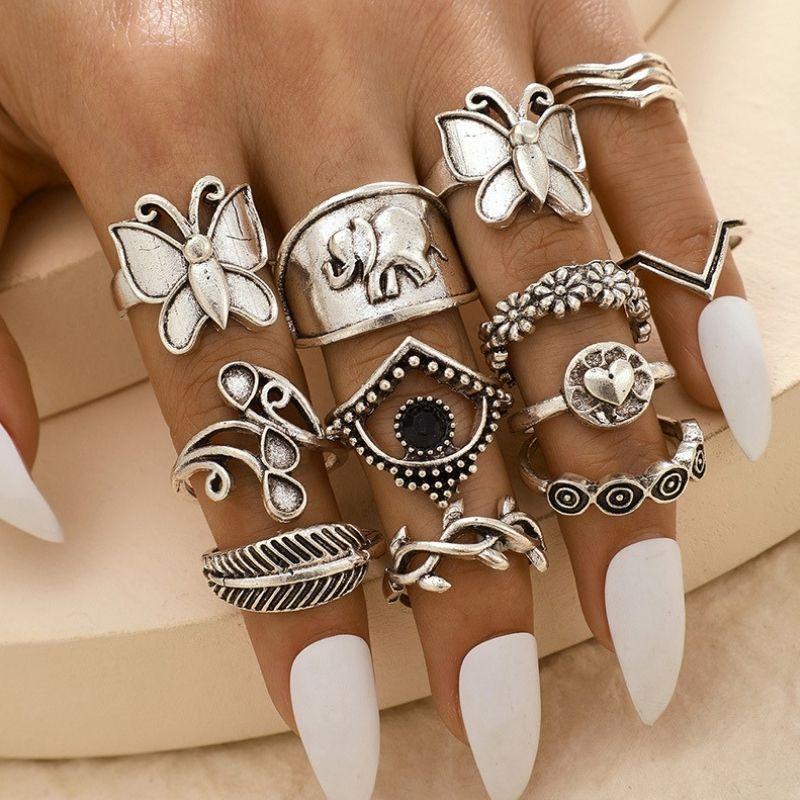 Modeschmuck Ring Sets mit Schmetterlingen und Hippie Style Motiven