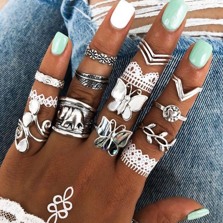 Boho Fingerringe Ring Sets mit Schmetterlingen und Elefanten Motiven 