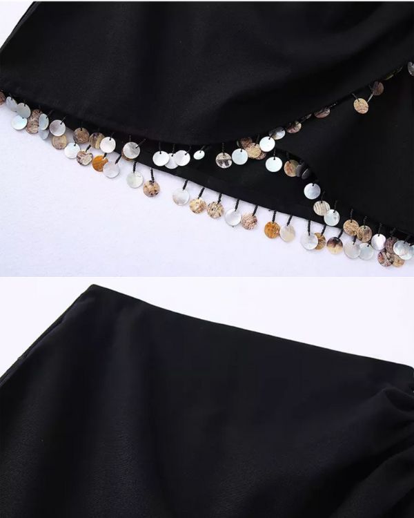 Rock mit asymmetrischem Schnitt und runden Muschel Anhaengern